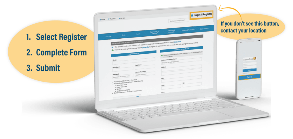 screen grab of supply web - register for account